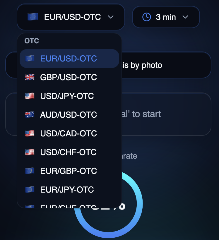 Pantalla del bot Signal AI con los pares de trading disponibles y un par seleccionado.